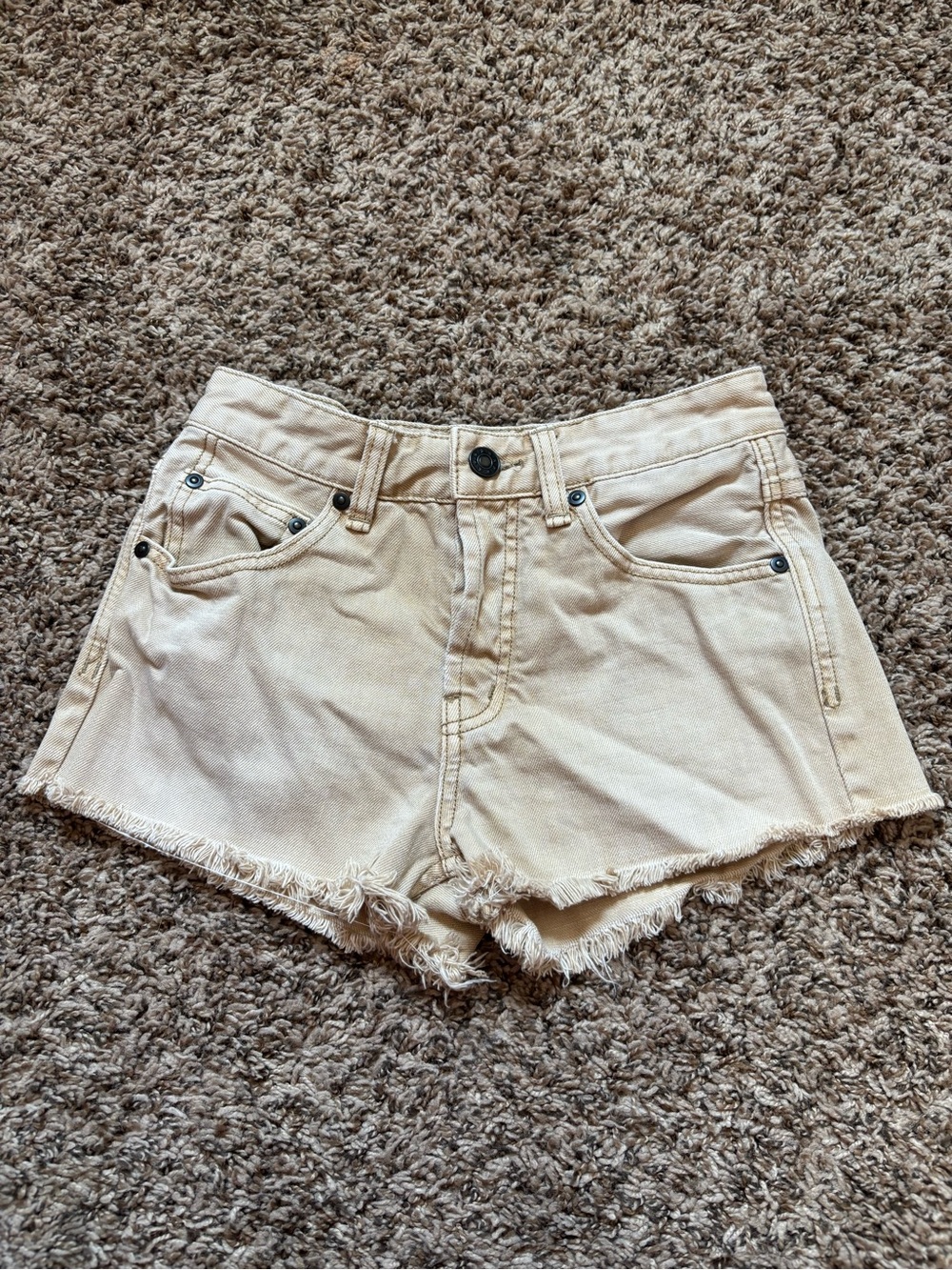 Free People Light Beige Frayed Hem Denim Shorts